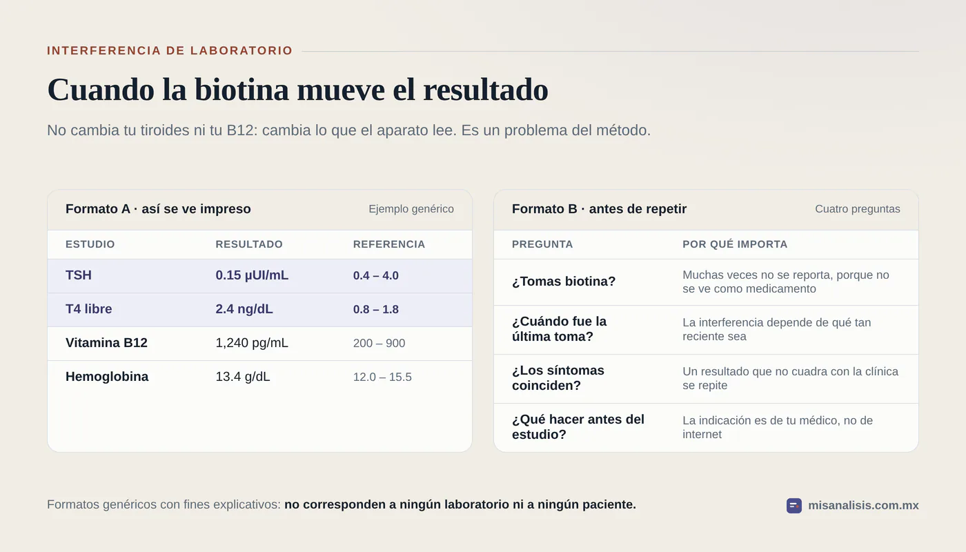 Reporte genérico con TSH de 0.15 µUI/mL y T4 libre de 2.4 ng/dL marcadas fuera de rango, vitamina B12 de 1,240 pg/mL, hemoglobina normal y cuatro preguntas antes de repetir el estudio.