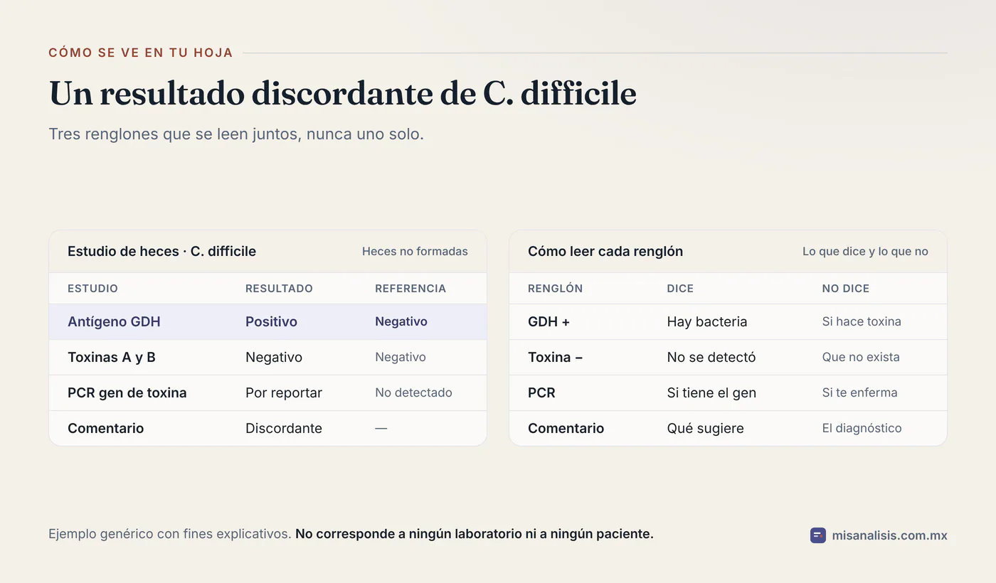 Ejemplo de hoja de un estudio de heces para C. difficile con antígeno GDH positivo, toxinas A y B negativas y PCR por reportar, junto a una guía de lo que dice y lo que no dice cada renglón.