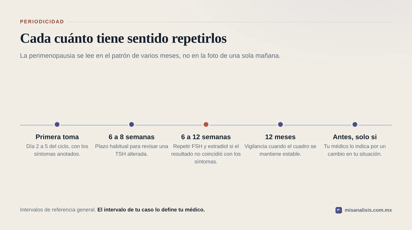 Línea de tiempo de cinco momentos: primera toma en el día 2 a 5 del ciclo, TSH alterada a las 6 a 8 semanas, FSH y estradiol a las 6 a 12 semanas, y vigilancia a los 12 meses.