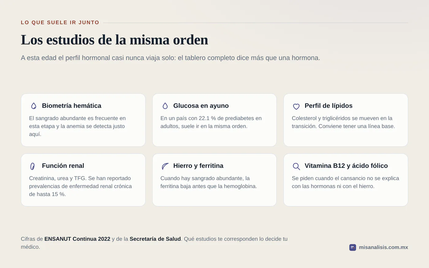 Seis estudios que acompañan al perfil hormonal: biometría hemática, glucosa en ayuno, perfil de lípidos, función renal, hierro con ferritina, y vitamina B12 con ácido fólico.
