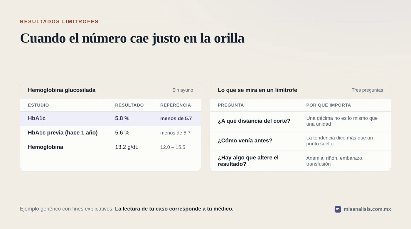 Ejemplo de resultado de hemoglobina glucosilada de 5.8 por ciento, apenas por encima del corte de 5.7, marcado como valor limítrofe.