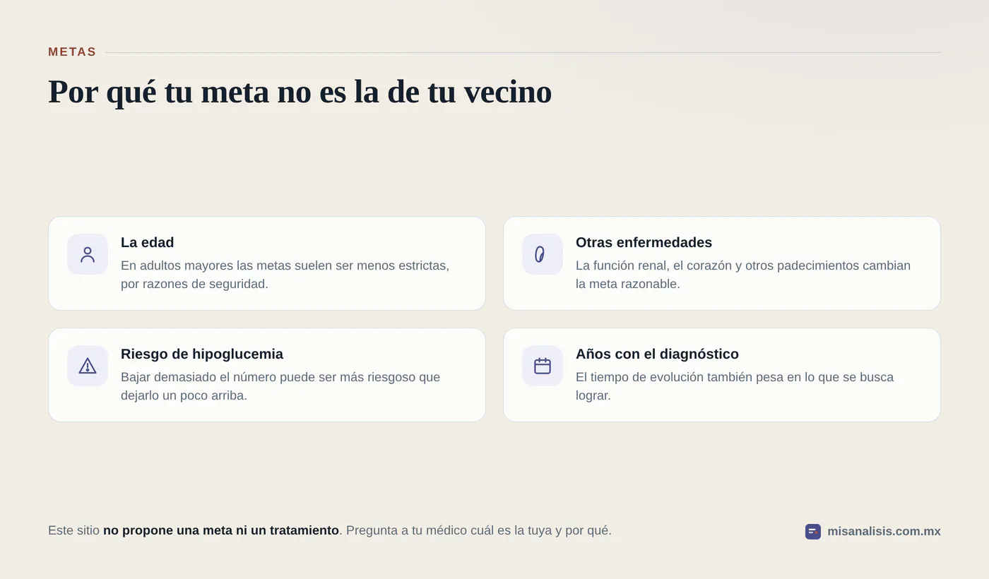 Cuatro factores que hacen que la meta de hemoglobina glucosilada sea distinta en cada persona: la edad, otras enfermedades presentes, el riesgo de hipoglucemia y los años con el diagnóstico.