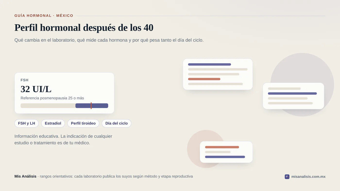 Apertura de la guía con una FSH de 32 UI/L situada dentro del rango de posmenopausia de 25 o más, junto a tres hojas de perfil hormonal superpuestas.