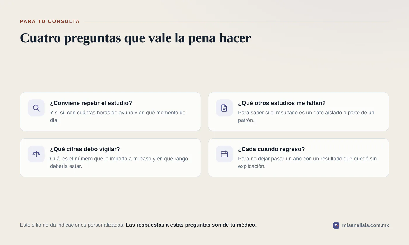 Cuatro preguntas para llevar a la consulta cuando la glucosa salió alta: si hay que repetir el estudio, qué otros estudios faltan, qué cifras vigilar y cada cuándo volver.
