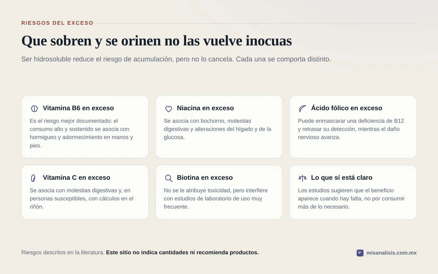 Rejilla con seis notas sobre el exceso de vitaminas hidrosolubles: la vitamina B6, la niacina, el ácido fólico, la vitamina C, la biotina y lo que sí está claro del beneficio.