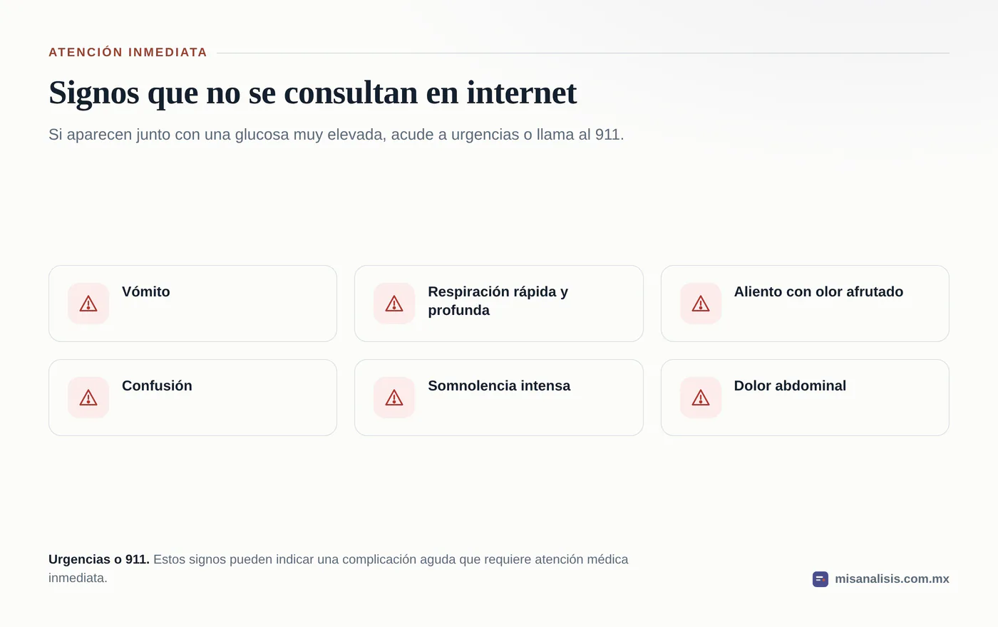 Seis signos que acompañan a una glucosa muy elevada y obligan a buscar atención inmediata: vómito, respiración rápida, aliento con olor afrutado, confusión, somnolencia intensa y dolor abdominal.